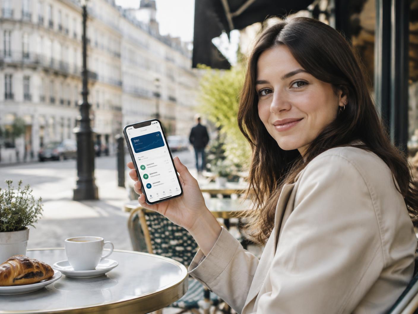 A member checking her Vault account at a street café