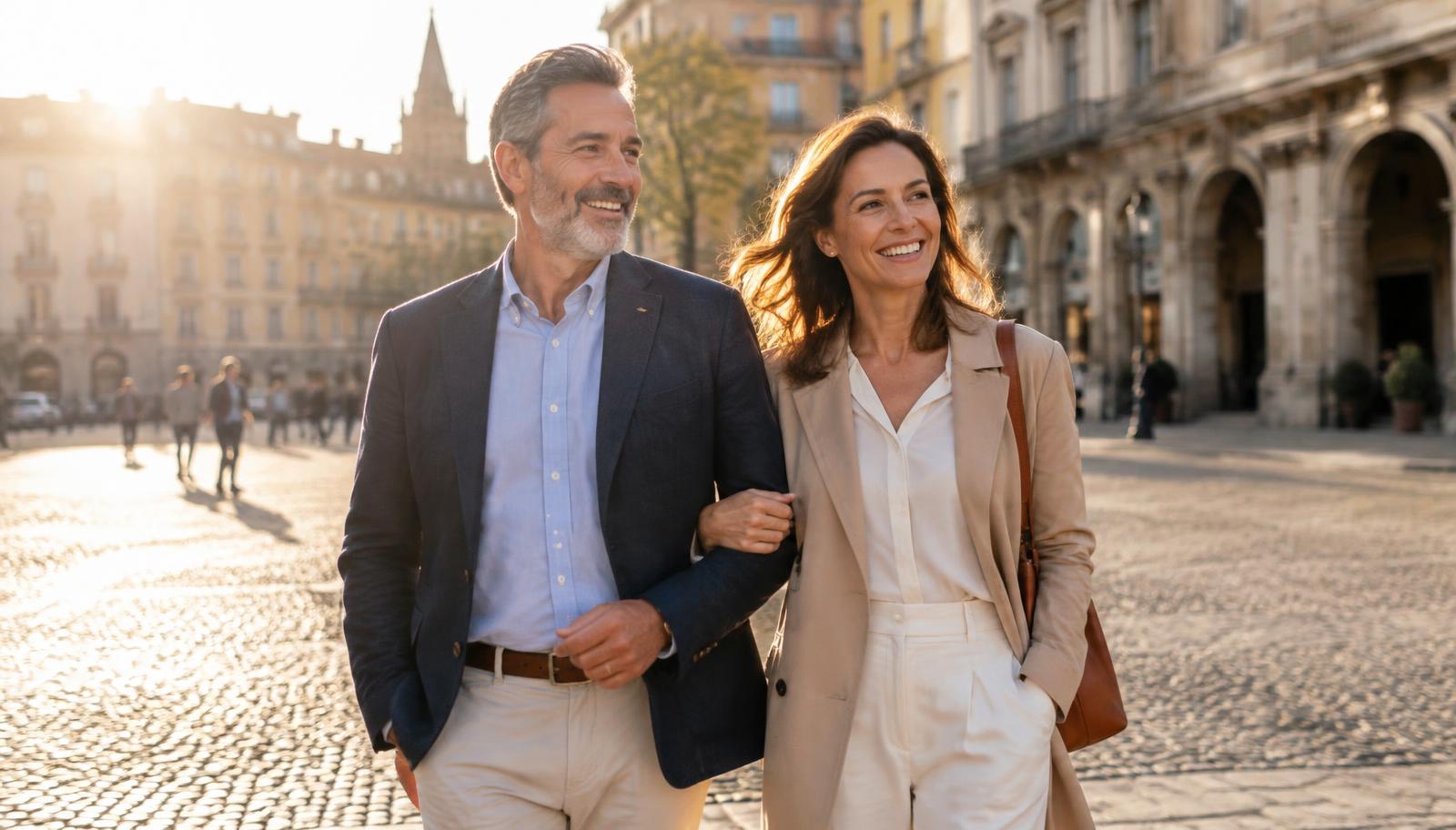 A couple strolling arm in arm across a sunlit European plaza