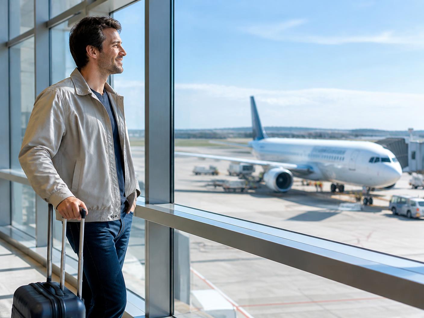 A member waiting for his flight with his travel cover in place
